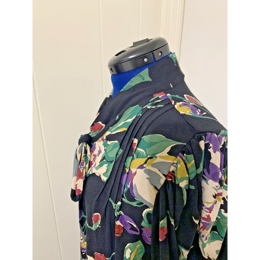 Lauren Ralph Lauren Black Pleated Floral Jersey Tie Neck Top Puff Sleeve XXL - Picture 5 of 10